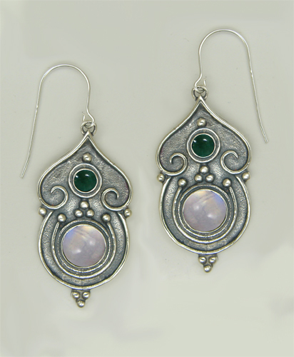 Sterling Silver Gothic Inspired Drop Dangle Earrings With Rainbow Moonstone And Fluorite